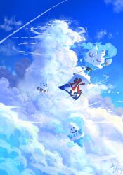  blue_sky closed_eyes clouds commentary_request drooling evolutionary_line food highres holding holding_ice_cream_cone ice_cream_cone innertube mouth_drool natu_a0z0ra no_humans open_mouth outdoors pokemon pokemon_(creature) pokemon_focus sky smile swim_ring vanillish vanillite vanilluxe 