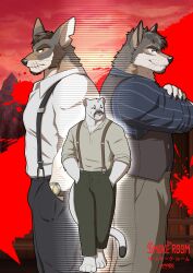 3boys animal_ears artist_name barefoot black_pants blue_shirt brown_pants brown_shirt brown_vest claws closed_mouth copyright_logo copyright_name coyote_boy crossed_arms dated from_side full_body furry furry_male hands_in_pockets highres kane_(the_smoke_room) ligoniblack logo looking_at_viewer male_focus multiple_boys notched_ear panther_boy panther_ears panther_tail pants pinstripe_pattern pinstripe_shirt profile samuel_ayers_(the_smoke_room) scar scar_on_face scar_on_mouth shirt signature suspenders tail the_smoke_room vest watch watch whiskers white_shirt william_adler_(the_smoke_room) wolf_boy wolf_ears 