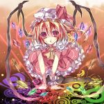  ascot blonde_hair crystal flandre_scarlet hat heath41 highres kneeling neckerchief red_eyes short_hair side_ponytail smile solo the_embodiment_of_scarlet_devil touhou wings wrist_cuffs 
