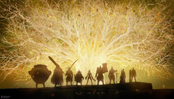  2girls 6+boys armor artist_name axe club_(weapon) commentary elden_ring english_commentary erdtree_(elden_ring) greatsword helmet highres holding holding_axe holding_club holding_polearm holding_shield holding_sword holding_weapon multiple_boys multiple_girls polearm shield sword weapon wlop 