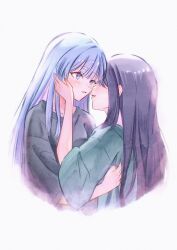  2girls black_hair blue_eyes blush cho_kaguya-hime! closed_eyes commentary cropped_torso grey_hair hand_on_another's_back hand_on_another's_cheek hand_on_another's_face highres hug imminent_kiss long_hair multicolored_eyes multicolored_hair multiple_girls open_mouth pink_hair runami_yachiyo sakayori_iroha setariaw102 short_sleeves simple_background straight_hair untranslatable_commentary violet_eyes white_background yuri 