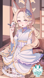  1girl absurdres animal_ear_fluff animal_ears artist_logo bird bird_on_hand blue_archive blush chinese_commentary commentary_request commission cross_halo detached_sleeves ema extra_ears fox_ears fox_girl halo hand_up highres japanese_clothes kimono logo long-tailed_tit long_hair long_sleeves looking_at_viewer open_mouth seia_(blue_archive) seia_(new_year)_(blue_archive) sitting sleeveless sleeveless_kimono smile solo tit_(bird) twintails white_bird white_kimono xiamu_chiyu yellow_eyes yellow_halo 