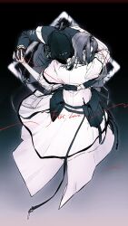 1boy 1girl arknights arm_around_another's_waist black_coat black_gloves black_hair black_hairband coat commentary dancing diamond_(shape) doctor_(anime)_(arknights) doctor_(arknights) english_commentary english_text from_above full_body gloves hairband hand_on_another's_back hetero highres holding_hands hood hood_up hooded_coat hug interlocked_fingers lab_coat limited_palette long_hair male_doctor_(arknights) priestess_(arknights) signature string string_of_fate waltz_(dance) white_coat yomi_tamashi 