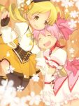  blonde_hair breasts bubble_skirt corset detached_sleeves drill_hair fingerless_gloves gloves hug kaname_madoka magical_girl mahou_shoujo_madoka_magica multiple_girls noko351 pink_eyes pink_hair short_twintails tears thigh-highs thighhighs tomoe_mami twintails yellow_eyes 
