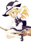  blonde_hair blush broom hat kirisame_marisa long_hair mary_janes meito_(artist) meito_(maze) no_socks shoes solo touhou v witch witch_hat yellow_eyes 