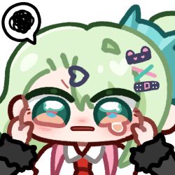  1girl angels_of_delusion animal_ear_hairband animal_ears bandaid bandaid_hair_ornament blush cat_ear_hairband cat_ears cheek_pinching chibi chibi_only commentary earrings fake_animal_ears green_eyes green_hair hair_ornament hairband hairclip heart highres jewelry looking_at_viewer musical_note_earrings necktie pinching sharuu0718 shirt spoken_squiggle squiggle sunna_(zenless_zone_zero) tearing_up white_shirt zenless_zone_zero 