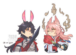  2boys animal_ears arie_game artist_name bandages black_hair blade_(honkai:_star_rail) blue_hair chibi commentary_request curtained_hair fake_animal_ears fox_boy hair_between_eyes hair_over_one_eye halo halo_behind_head hand_fan highres holding holding_fan honkai:_star_rail honkai_(series) jacket jewelry jiaoqiu_(honkai:_star_rail) long_hair male_focus mortenax_blade_(honkai:_star_rail) multiple_boys necklace pink_hair shirt sword tassel upper_body very_long_hair weapon white_background yellow_eyes 