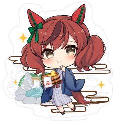  1girl animal_ears black_sandals blush bow brown_eyes brown_hair chibi closed_mouth commentary_request ear_bow egasumi green_bow grey_kimono horse_ears horse_girl horse_tail japanese_clothes kimono long_sleeves multicolored_hair nice_nature_(umamusume) obi onsen onsen_symbol open_clothes rubber_duck sandals sash smile solo sparkle streaked_hair tail terimuku twintails umamusume water wide_sleeves zouri 