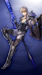  1boy armored_boots black_boots black_shirt blue_background boots closed_mouth full_body game_asset gauntlets grey_hair grey_pants grimms_notes holding holding_polearm holding_weapon ishinarimaru_shouten male_focus non-web_source official_art pants pectoral_cleavage pectorals polearm savant_gieres_(grimms_notes) savant_gieres_(repage)_(grimms_notes) shirt short_hair smile solo weapon yellow_eyes 