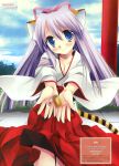  absurdres animal_ears blue_eyes breasts cleavage gift highres japanese_clothes long_hair miko miyasu_risa offering omamori original purple_hair solo tail 