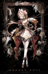  1girl absurdres bare_shoulders birdcage black_collar black_dress black_sleeves bonnet breasts brown_hair cage chain closed_eyes closed_mouth collar detached_collar detached_sleeves disembodied_hand dress flower genshin_impact hair_bun hair_ornament headdress highres layered_dress long_hair long_sidelocks long_sleeves multicolored_dress pantyhose picture_frame sandrone_(genshin_impact) short_hair_with_long_locks sidelocks siviii_7 small_breasts solo tiptoes turning_head white_dress white_flower white_pantyhose winding_key 