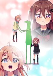  1boy 2girls absurdres ahoge asymmetrical_legwear black_cardigan black_sailor_collar black_socks black_thighhighs blue_eyes blue_sailor_collar blue_skirt bow bowtie broken_heart broken_heart_hair_ornament brown_hair brown_shoes cardigan carrying carrying_person closed_mouth commentary evil_neuro-sama evil_neuro-sama_(1st_costume) full_body grey_skirt hair_between_eyes hair_ornament hair_ribbon heart heart_hair_ornament highres kermit_the_frog loafers long_hair miniskirt multiple_girls muppets neuro-sama neuro-sama_(1st_costume) open_mouth pleated_skirt red_bow red_bowtie red_eyes red_ribbon ribbon sailor_collar shoes siblings single_sock single_thighhigh sisters skirt socks sparkling_eyes tanhuluu teardrop thigh-highs twins two_side_up uneven_legwear untranslatable_commentary vedal987 vedal_ai wavy_eyes yellow_cardigan zoom_layer 