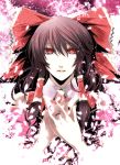  bad_id black_hair bow bust face hair_bow hair_tubes hakurei_reimu hands_on_chest hands_on_own_chest hands_to_chest jewelry nail_polish petals red_eyes ring s_tanly solo touhou 