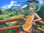  arm_support armpits bangs bare_shoulders dress face fan field flat_chest green_hair hair_ribbon hands landscape leaning_back long_hair nature orange_eyes original paper_fan ponytail railing ribbon scenery solo sumith sundress tan tanline uchiwa valley wind 