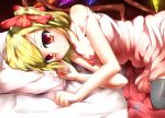  black_legwear blonde_hair bow chemise collarbone flandre_scarlet hair_bow highres looking_at_viewer lying mugen_soukyuu no_hat no_headwear on_side pillow red_eyes side_ponytail smile solo strap_slip thigh-highs thighhighs touhou wings 