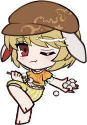  1girl :t ;t animal_ears barefoot blonde_hair blush brown_hat chibi chibi_only closed_mouth dango floppy_ears food full_body hat holding holding_food looking_at_viewer mirei_(miirei) navel newsboy_cap one_eye_closed orange_shirt rabbit_ears rabbit_girl red_eyes ringo_(touhou) shirt short_hair short_sleeves shorts simple_background solo standing standing_on_one_leg striped_clothes striped_shorts swept_bangs touhou transparent_background vertical-striped_clothes vertical-striped_shorts wagashi yellow_shorts 