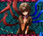  asymmetrical_wings bad_id brown_hair bust chirigami-san finger_to_face finger_to_mouth highres houjuu_nue red_eyes short_hair smile snake solo touhou wings 