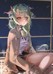 1girl absurdres animal_ears bell black_hairband black_sclera black_skirt blue_eyes brown_coat cityscape coat colored_sclera commentary cow_ears cow_girl cow_horns cowbell crelly crelly_(crelly_3.0) english_commentary green_hair grey_sclera hair_ornament hairband heterochromia highres horns indie_virtual_youtuber legs lichael long_hair long_sleeves looking_at_viewer mismatched_sclera mole mole_under_mouth night open_mouth red_eyes shirt sitting skirt sky solo star_(sky) starry_sky thighs virtual_youtuber white_shirt 