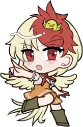  1girl :o animal_on_head baby_animal bird bird_girl bird_on_head bird_tail bird_wings blonde_hair blush boots brown_boots chibi chibi_only chick full_body looking_at_viewer mirei_(miirei) multicolored_hair neckerchief niwatari_kutaka on_head open_mouth orange_skirt outstretched_arm pointing red_eyes red_hair red_neckerchief short_hair simple_background skirt solo standing standing_on_one_leg tail touhou transparent_background two-tone_hair wings 