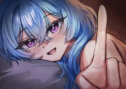  1girl absurdres blue_hair flareza hair_between_eyes highres index_finger_raised long_hair looking_at_viewer open_mouth shorekeeper_(wuthering_waves) smile solo violet_eyes wuthering_waves 