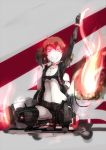  arm_up bad_id belt black_buraku choker fire glowing glowing_eyes grin highres midriff navel ogipote original red_hair redhead short_hair shorts smile solo sports_bra squatting thigh-highs thighhighs twintails 