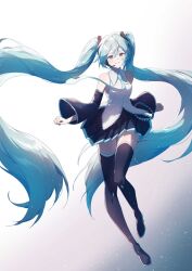  1girl aqua_eyes aqua_hair aqua_trim awai_uta black_skirt black_sleeves blush boots breasts collared_shirt commentary detached_sleeves floating_hair floating_neckwear frilled_shirt frills full_body gradient_background hair_between_eyes hair_ornament hatsune_miku headset long_hair long_sleeves looking_at_viewer miniskirt necktie pleated_skirt shirt sidelocks simple_background skirt sleeveless sleeveless_shirt smile solo thigh_boots tie_clip twintails untucked_shirt very_long_hair vocaloid white_background white_shirt wide_sleeves zettai_ryouiki 