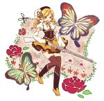  beret blonde_hair butterfly drill_hair fingerless_gloves gloves hair_ornament hat hat_ornament magical_girl mahou_shoujo_madoka_magica pentagon puffy_sleeves scissors thighhighs tomoe_mami vertical-striped_legwear vertical-striped_thighhighs vertical_stripes yellow_eyes 