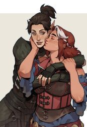  2girls absurdres arm_around_neck black_gloves brown_background brown_hair closed_eyes commentary corset divinity:_original_sin_2 elf english_commentary facial_tattoo fingerless_gloves freckles gloves halftone hand_on_another's_arm hand_on_another's_cheek hand_on_another's_face highres kiss kissing_cheek lady_santos lohse looking_at_another multicolored_hair multiple_girls orange_hair pointy_ears ponytail sebille short_ponytail simple_background smile tattoo two-tone_hair upper_body yellow_eyes yuri 