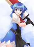  advent_cirno blue_dress blue_eyes blue_hair bow cirno dress gloves hair_bow meneru mouth_hold popsicle ribbon short_hair solo sword touhou weapon wings 