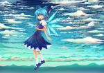  ascot blue_eyes blue_hair bow cirno cloud clouds dress fatherland2009 hair_bow highres short_hair sky smile solo touhou wings 