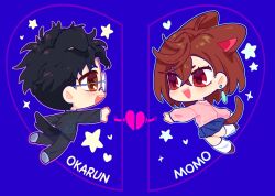  1boy 1girl animal_ears ayase_momo black_hair black_jacket black_pants blue_background blue_skirt brown_eyes brown_hair brown_shoes cat_ears cat_girl cat_tail character_name chibi chibi_only crossed_bangs dandadan dog_boy dog_ears dog_tail earrings gakuran glasses hair_between_eyes highres jacket jewelry kemonomimi_mode medium_hair open_mouth outstretched_hand pants pink_sweater pleated_skirt red_eyes rubymin school_uniform shirt shirt_under_sweater shoes short_hair skirt smile socks sweater tail takakura_ken_(dandadan) white_shirt white_socks 