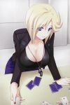  1girl blonde_hair blue_eyes breasts card cards cleavage dog_tags female holding holding_card large_breasts light_smile lying_card miyata_sou muvluv muvluv_alternative muvluv_total_eclipse playing_card purple_card short_hair solo stella_bremer 