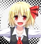  1girl ascot black_dress blonde_hair bust dress evandragon fang hair_ribbon halftone halftone_background looking_at_viewer open_mouth outstretched_arms red_eyes ribbon rumia shirt short_hair smile solo touhou 