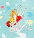  1boy 1girl blonde_hair brief_(psg) bubble couple curly_hair dress fish flower formal freckles high_heels kite-mitiko long_hair panty_&amp;_stocking_with_garterbelt panty_(psg) pearl_(gemstone) red_hair shoes short_hair suit wings 