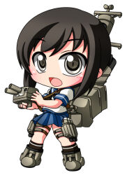  1girl black_eyes black_hair blue_sailor_collar blue_skirt blush boots brown_boots chibi chibi_only commentary_request fubuki_(kancolle) full_body kantai_collection looking_at_viewer miniskirt open_mouth pleated_skirt rigging sailor_collar school_uniform serafuku shinjitsu shirt short_hair short_sleeves sidelocks simple_background skirt solo standing white_background white_shirt 