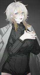  1girl black_sweater blue_eyes blush breasts coat coat_on_shoulders fang faust_(project_moon) from_side gradient_background hair_between_eyes hands_on_own_chest highres interlocked_fingers kp3963 large_breasts looking_at_viewer medium_hair multicolored_hair n_corp._fanatic_(identity)_(project_moon) open_mouth own_hands_together project_moon simple_background skin_fang sweater white_coat wolf_cut 