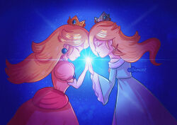  2girls artist_name blonde_hair blue_background blue_dress closed_eyes closed_mouth commentary crown derivative_work dress earrings elbow_gloves ellenent english_commentary facing_another from_side gloves hand_on_another's_hand jewelry long_hair long_sleeves multiple_girls off-shoulder_dress off_shoulder pink_dress princess_peach puffy_short_sleeves puffy_sleeves rosalina scene_reference short_sleeves siblings sisters smile sphere_earrings star_(symbol) star_earrings super_mario_bros. the_super_mario_galaxy_movie white_gloves wide_sleeves 