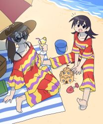  2girls arm_support azumanga_daioh barefoot beach beach_umbrella black_hair brown_hair cocktail_glass collarbone commentary cup drinking_glass drinking_straw english_commentary farhan_melukis full_body highres holding holding_cup long_hair looking_at_viewer mizuhara_koyomi multiple_girls open_mouth pants ponytail sand shirt sitting soles striped_clothes striped_pants striped_shirt sunglasses takino_tomo umbrella wariza 