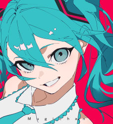  1girl absurdres aqua_eyes aqua_hair aqua_necktie aqua_trim artist_name bare_shoulders collar collared_shirt commentary_request dot_nose double-parted_bangs floating_hair frilled_collar frilled_shirt frills from_above grey_shirt grin hair_between_eyes hair_intakes hair_ornament hatsune_miku head_tilt highres long_hair looking_at_viewer loose_hair_strand mugi626 necktie portrait red_background shirt sidelocks simple_background sleeveless sleeveless_shirt smile solo twintails vocaloid 