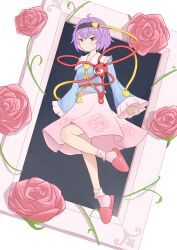  1girl absurdres black_hairband blue_shirt buttons chinese_commentary collared_shirt commentary_request disembodied_linked_eye eyeball floral_print flower frilled_shirt_collar frilled_sleeves frills full_body hair_ornament hairband heart heart_button heart_hair_ornament highres komeiji_satori leg_up long_sleeves looking_at_viewer pink_flower pink_rose pink_skirt pink_socks print_skirt purple_hair red_slippers ribbon-trimmed_collar ribbon_trim rose rose_print shirt short_hair skirt slippers socks solo touhou violet_eyes wide_sleeves zheng_(pixiv_101593236) 
