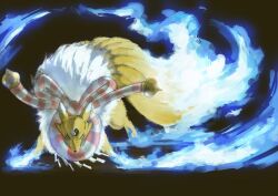  black_background black_sclera blue_eyes blue_fire colored_sclera commentary_request digimon fire fox full_body icantcutitbut kitsune kyuubi kyuubimon multiple_tails no_humans simple_background solo tail yin_yang 
