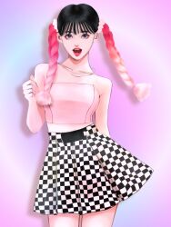  1girl bandeau bani_nurie_0325 bare_shoulders black_hair blue_eyes blunt_bangs braid braided_twintails checkered_clothes checkered_skirt commentary_request cowboy_shot crop_top eunha_(gfriend) gfriend highres jewelry necklace open_mouth pink_bandeau pink_hair pink_lips shadow skirt solo viviz 