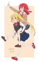  2girls :d ahoge bad_id bad_twitter_id black_sweater_vest blonde_hair blue_skirt bocchi_the_rock! border bow bowtie brown_shoes carrying closed_eyes collared_shirt dated full_body highres ijichi_nijika kita_ikuyo kurosuke_(sk_tsu96) loafers long_hair long_sleeves miniskirt multiple_girls one_side_up open_mouth piggyback pleated_skirt red_bow red_bowtie red_hair red_shoes school_uniform shimokitazawa_high_school_uniform shirt shoes shuka_high_school_uniform side_ponytail signature skirt smile socks standing sweater_vest white_border white_shirt white_socks 