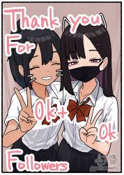  2girls ^_^ artist_name black_hair black_mask black_skirt blue_eyes border bow bowtie breasts closed_eyes collared_shirt colored_inner_hair commentary_request covered_mouth cowboy_shot english_text facial_mark facing_viewer fuyudori_yukino grin hair_between_eyes hair_ornament hair_tie hairclip half-closed_eyes hand_up high_ponytail highres long_hair long_sleeves looking_at_viewer mask milestone_celebration mouth_mask multicolored_hair multiple_girls open_collar original pleated_skirt ponytail purple_hair red_bow red_bowtie school_uniform shirt shirt_tucked_in side-by-side sketch_background skirt smile twitter_username v violet_eyes whisker_markings white_shirt 