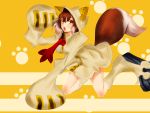  alternate_costume blush brown_eyes brown_hair cosplay highres hood jacket kneeling long_sleeves makoto_nanaya short_hair simple_background solo squirrel_tail tail taokaka taokaka_(cosplay) yumi_zakura zipper 