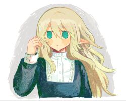  1girl :/ black_dress blonde_hair blush dress elf green_eyes highres long_hair oka_(okakanoka) original pointy_ears solo upper_body 