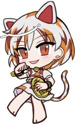  1girl :3 :d animal_ears barefoot bell blush brown_streaks calico_(pattern) cat_ears cat_girl cat_tail chibi chibi_only coin full_body gold goutokuji_mike jingle_bell koban_(gold) looking_at_viewer mirei_(miirei) multicolored_hair neck_bell open_mouth orange_eyes orange_streaks shirt short_hair short_sleeves simple_background single_paw_pose skirt skirt_set smile solo standing streaked_hair tail touhou transparent_background white_hair white_shirt white_skirt 