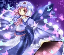  butterfly dress fan frills hat pink_eyes pink_hair rikkunia saigyouji_yuyuko smile solo touhou 