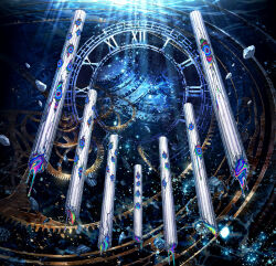  analog_clock broken_pillar clock clockwork debris fate/grand_order fate_(series) gears key_visual liquid no_humans official_art promotional_art rainbow_liquid roman_numeral underwater water 