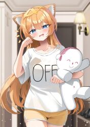  1girl alternate_costume animal_ear_fluff animal_ears blue_archive blue_eyes cat_ears character_doll clothes_writing cowboy_shot doll dolphin_shorts doodle_sensei_(blue_archive) erum_4066 halo highres holding holding_stuffed_toy hugging_object indoors korean_commentary long_hair looking_at_viewer mari_(blue_archive) orange_hair sensei_(blue_archive) shirt short_sleeves shorts solo stuffed_toy white_shirt yellow_halo yellow_shorts 